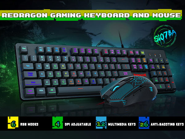 Redragon S107-BA Gaming Keyboard and Mice Combo Wired - Black