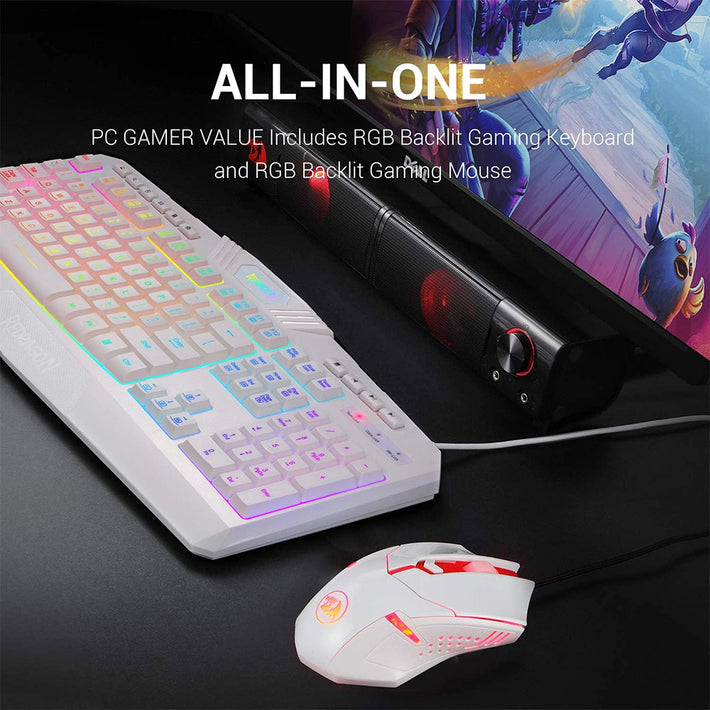 Redragon S101W Wired RGB Backlit Gaming Keyboard with Wrist Rest and Red Backlit Mouse Combo, 3200 DPI - White