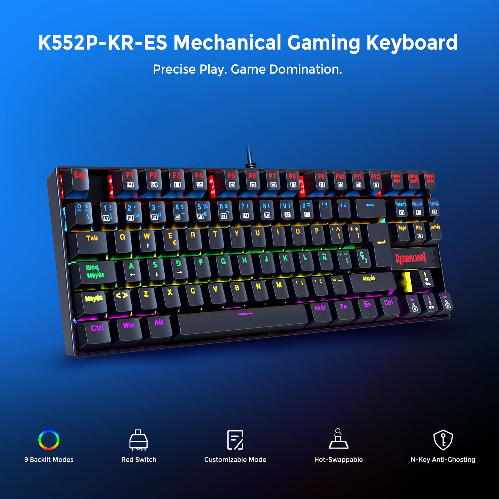 Redragon K552-KR-ES Rainbow Backlight TKL Mechanical Gaming Keyboard