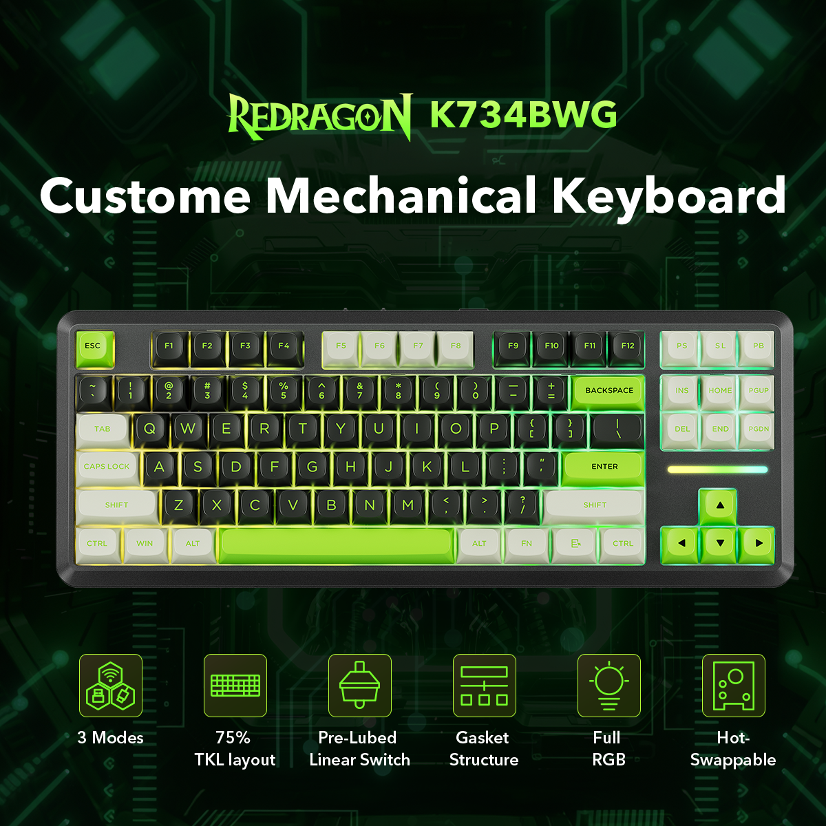 Redragon K734BWG-RGB-PRO TKL Mechanical Keyboard