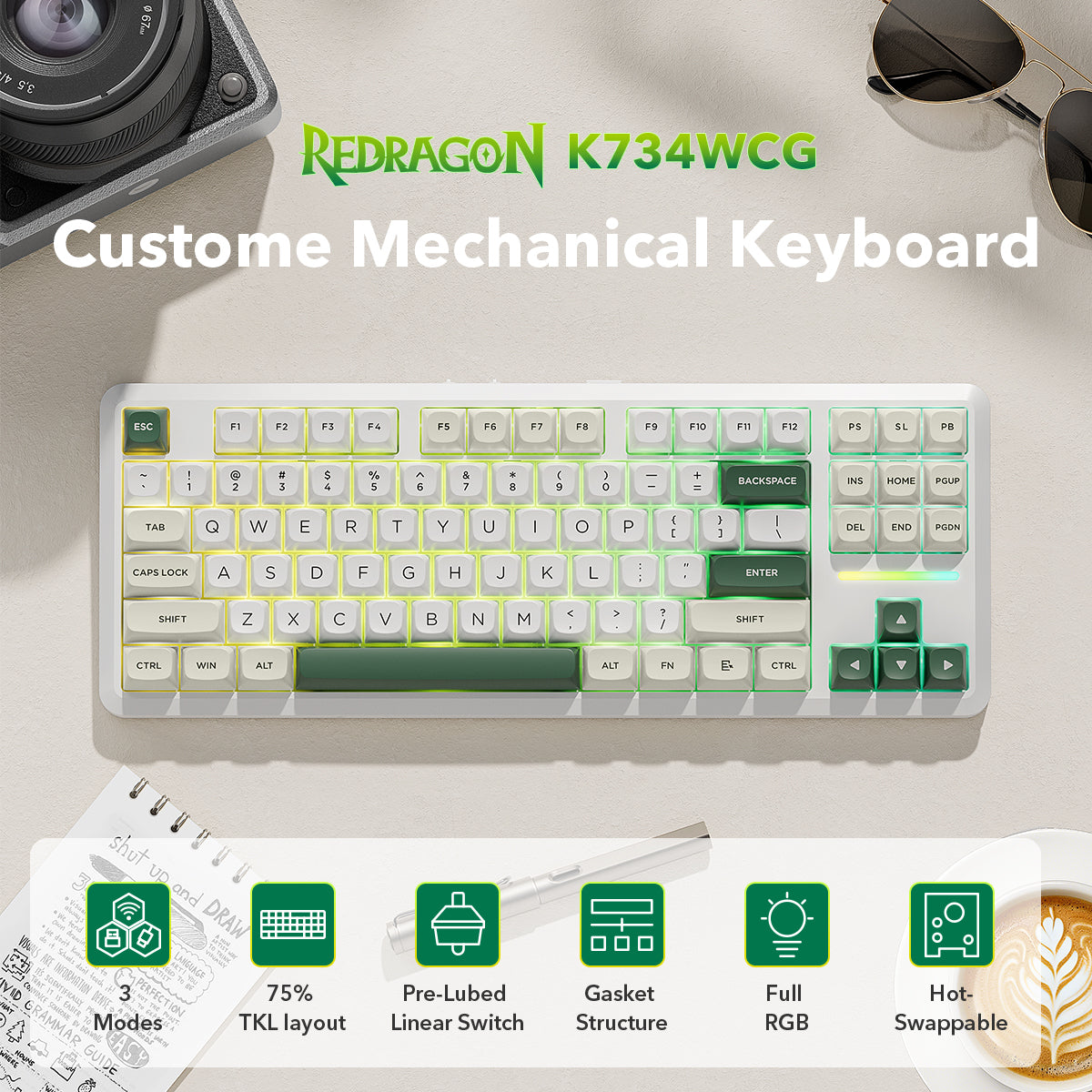 Redragon K734WCG-RGB-PRO TKL Mechanical Keyboard