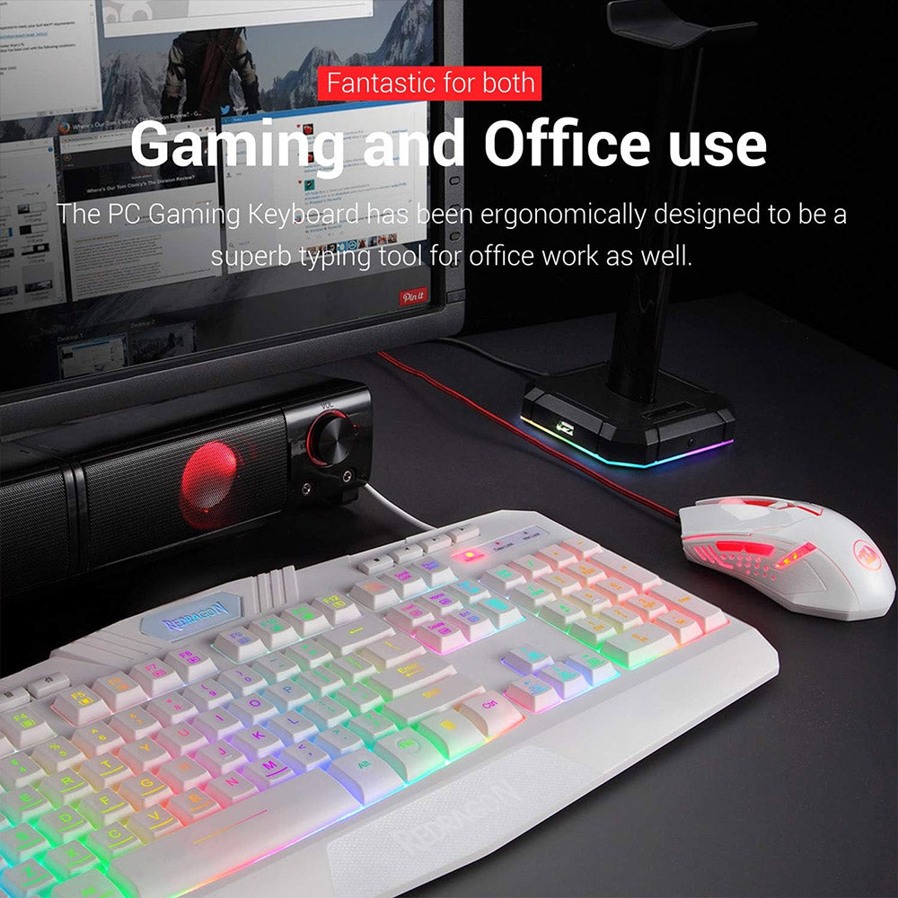 Redragon S101W Wired RGB Backlit Gaming Keyboard with Wrist Rest and Red Backlit Mouse Combo, 3200 DPI - White