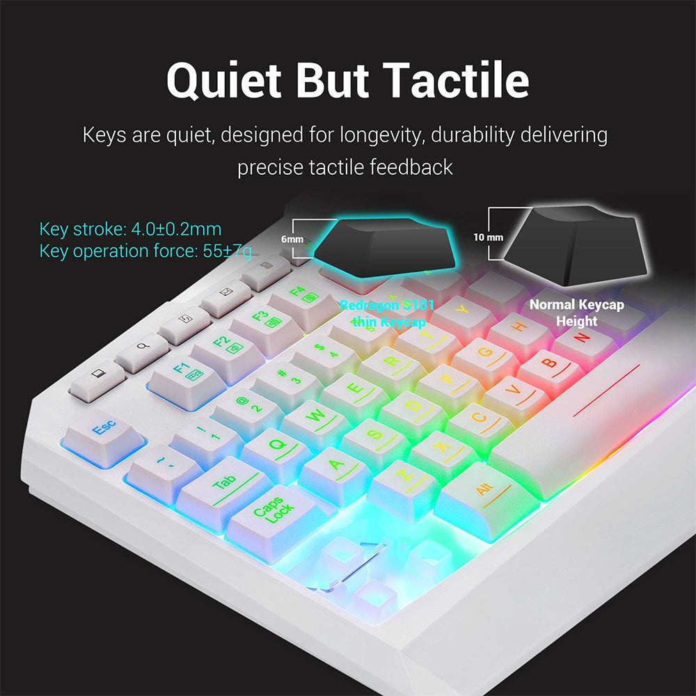 Redragon S101W Wired RGB Backlit Gaming Keyboard with Wrist Rest and Red Backlit Mouse Combo, 3200 DPI - White